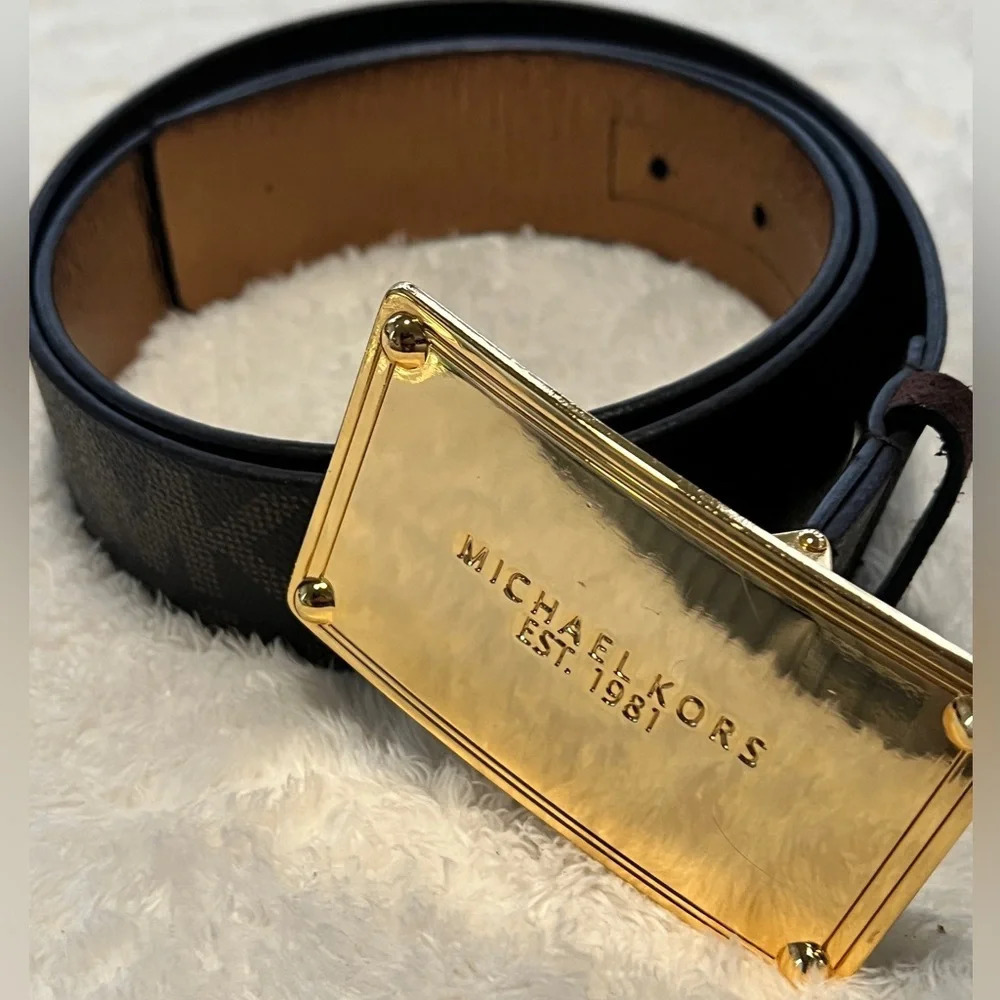 Michael Kors Sz Large Brown Signature Logo Belt Gold Plaque Classic Monogram